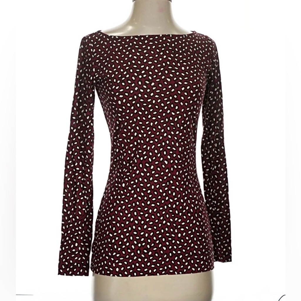Diane Von Furstenberg Silk Blend Long Sleeve Burgundy Top With Spotted Patterns.